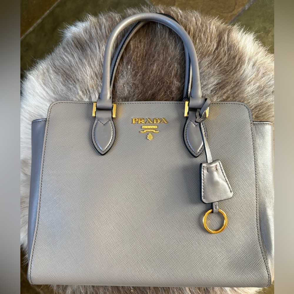 Prada Saffiano Lux Tote Bag, Medium, Grey (Argilla) 1BA113 (Pre-loved- Like New)